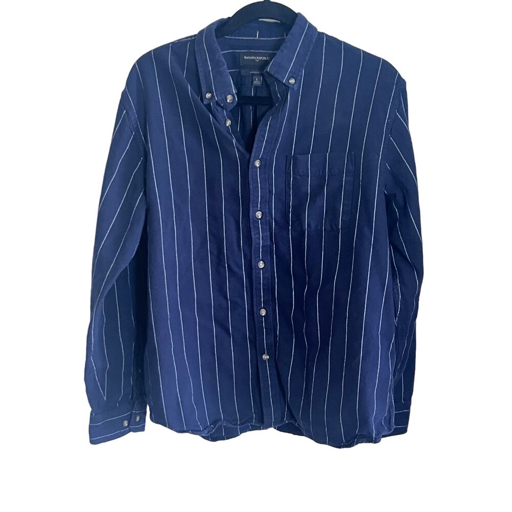 Banana Republic Maverick Untucked Fit Long Sleeve Button ‎ Shirt L Navy Stripe